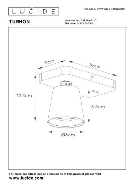 Lucide TURNON - Lampe de chevet / Applique mural - LED Dim to warm - GU10 - 1x5W 2200K/3000K - Noir - technique